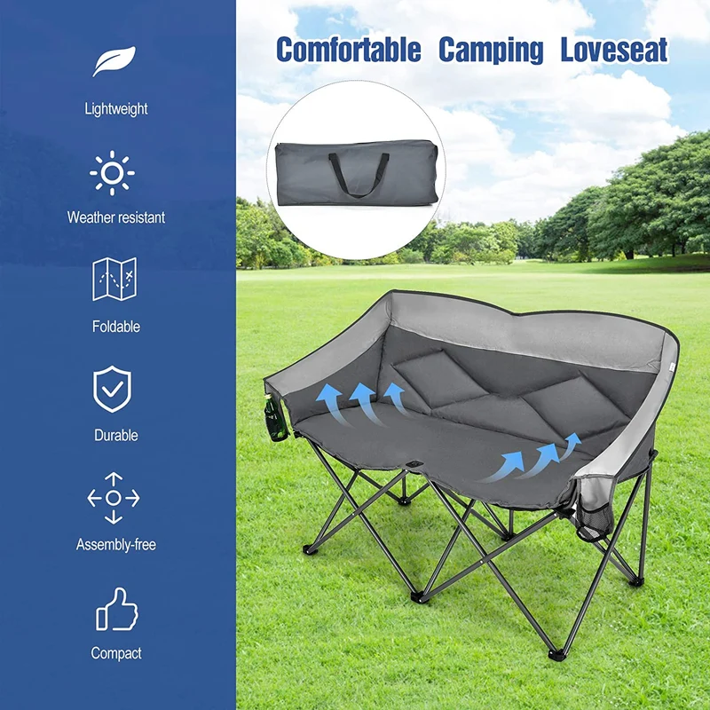 Gray Outdoor Folding Camping Loveseat Chair with Bags and Padded Backrest