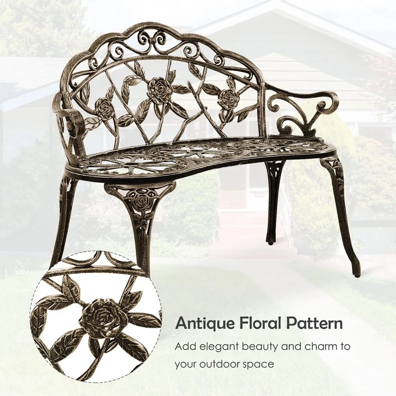 2-Person Bronze Cast Aluminum Patio Garden Outdoor Bench Chair