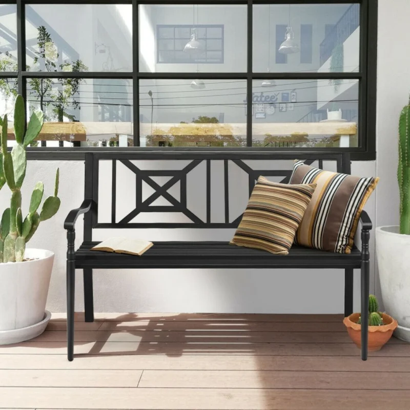 50.5 in. 2-Person Black Metal Outdoor Bench