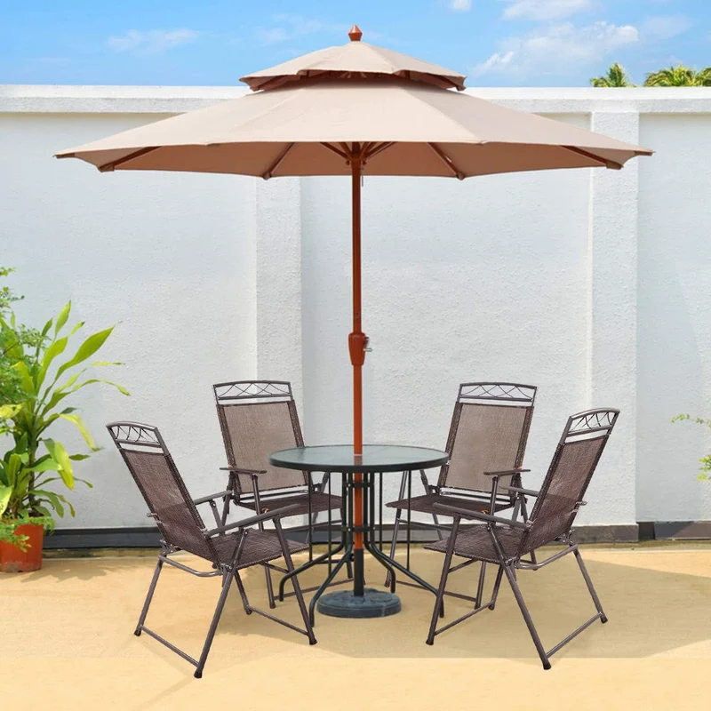 Brown Folding Metal Outdoor Dining Chairs with Steel Armrest (4-Pack)