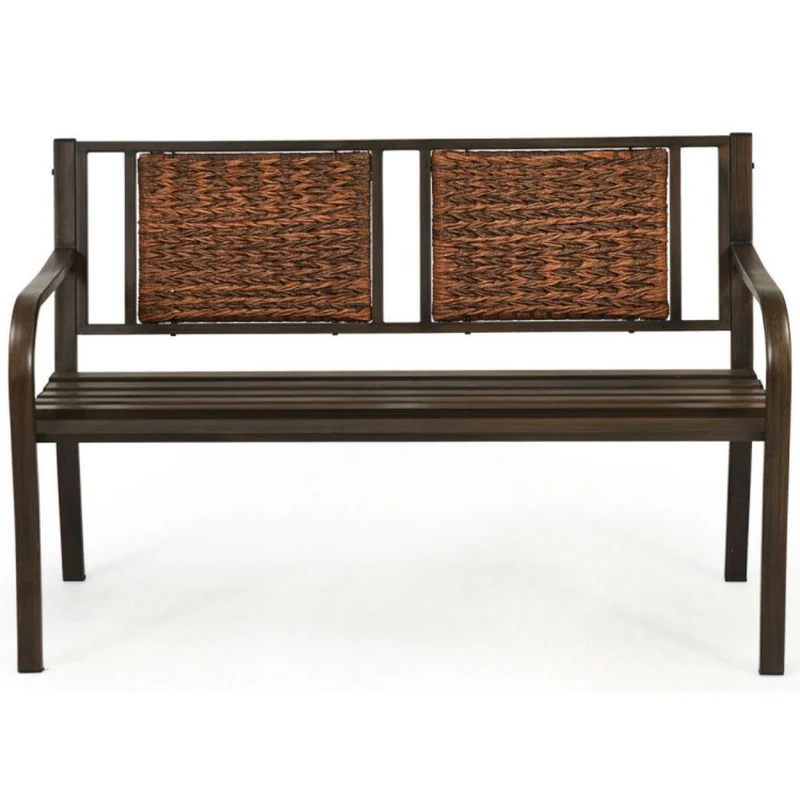 50.5 in. 2-Person Rattan Metal Outdoor Porch Patio Garden Bench