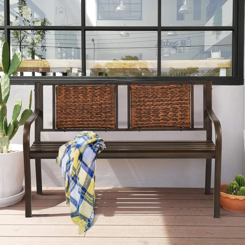 50.5 in. 2-Person Rattan Metal Outdoor Porch Patio Garden Bench