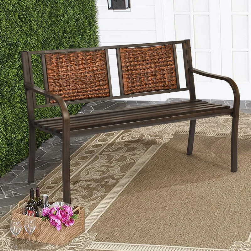 50.5 in. 2-Person Rattan Metal Outdoor Porch Patio Garden Bench