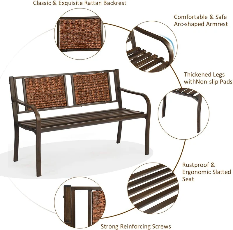 50.5 in. 2-Person Rattan Metal Outdoor Porch Patio Garden Bench