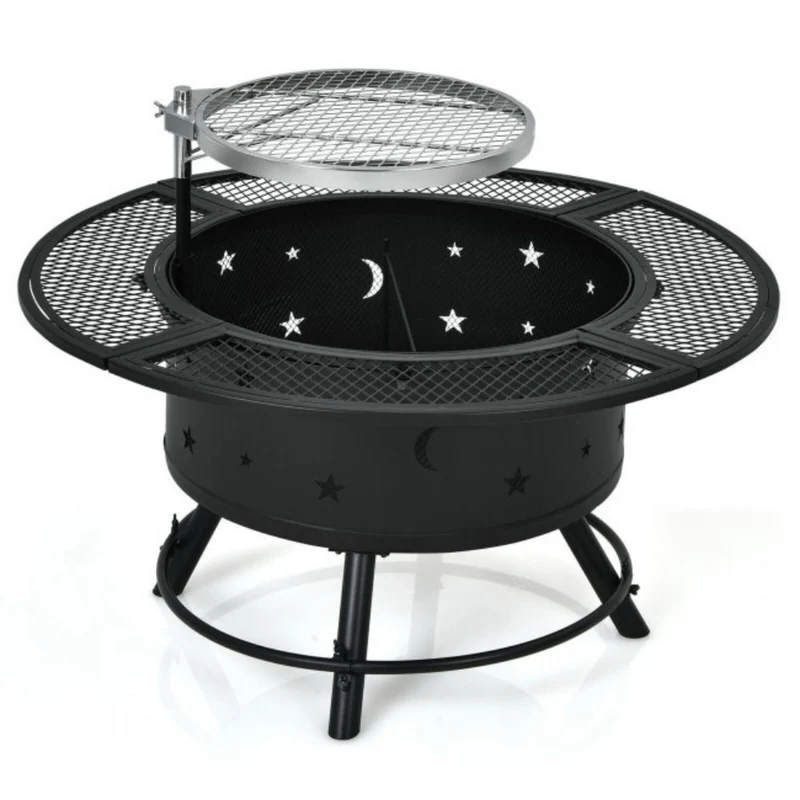 32 in. Outdoor Square Wood Burning Fire Pit with 360-Degree Swivel BBQ Grate