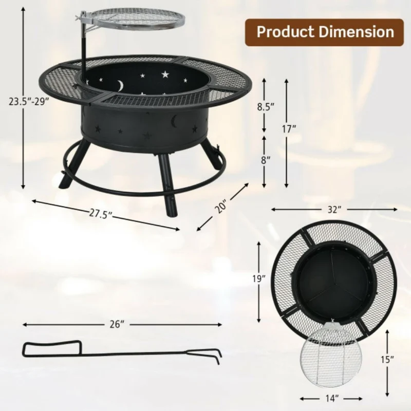 32 in. Outdoor Square Wood Burning Fire Pit with 360-Degree Swivel BBQ Grate