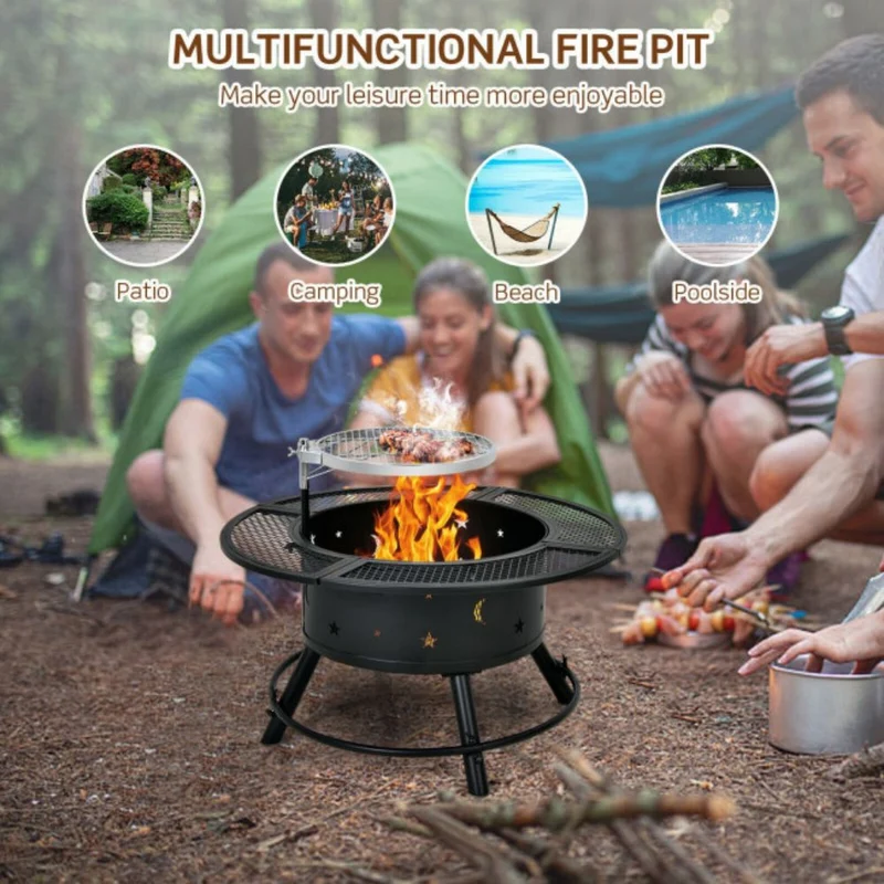 32 in. Outdoor Square Wood Burning Fire Pit with 360-Degree Swivel BBQ Grate