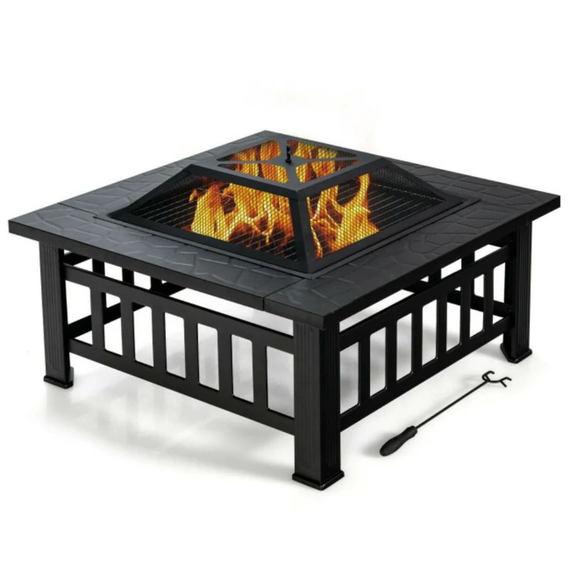 32 in. Outdoor Square Fire Pit Table with BBQ Grill and Rain Cover