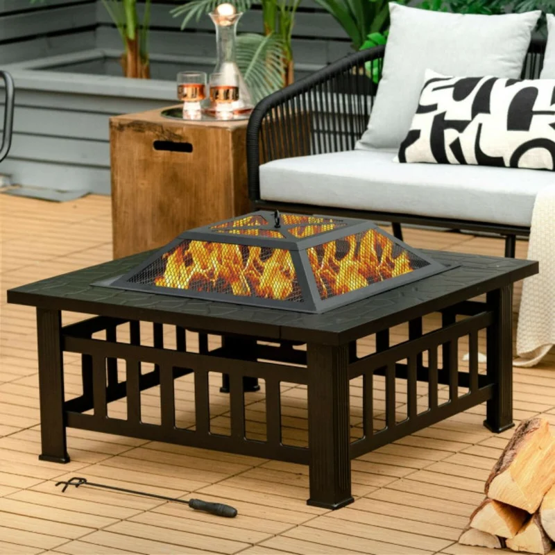 32 in. Outdoor Square Fire Pit Table with BBQ Grill and Rain Cover