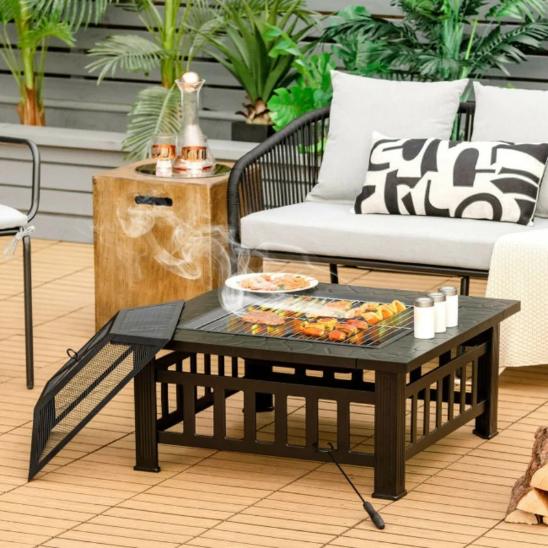 32 in. Outdoor Square Fire Pit Table with BBQ Grill and Rain Cover