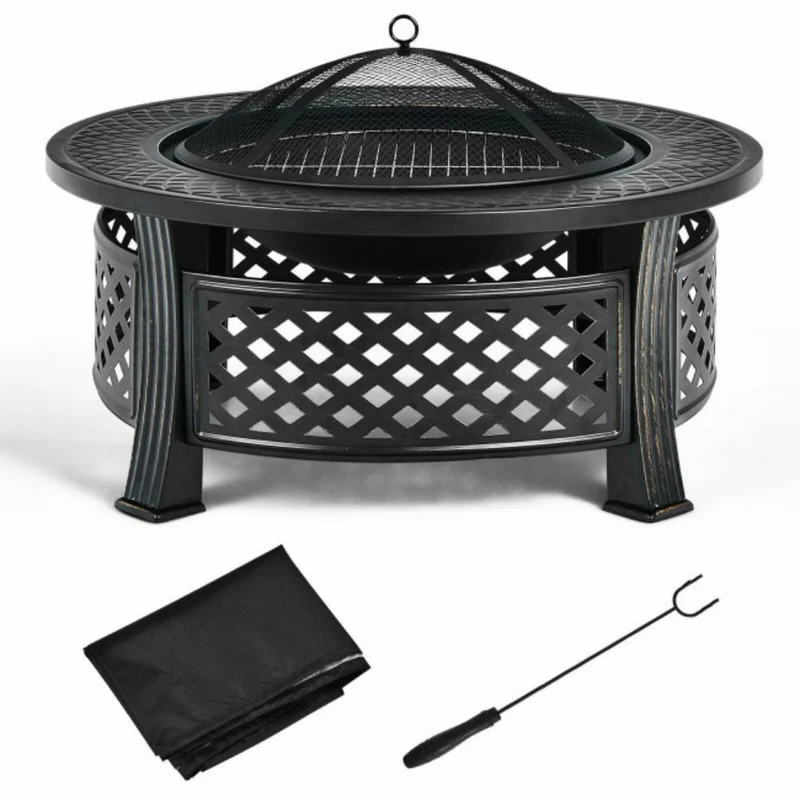 32 in. Outdoor Round Wood Burning Fire Pit with BBQ Grill and High-Temp Resistance