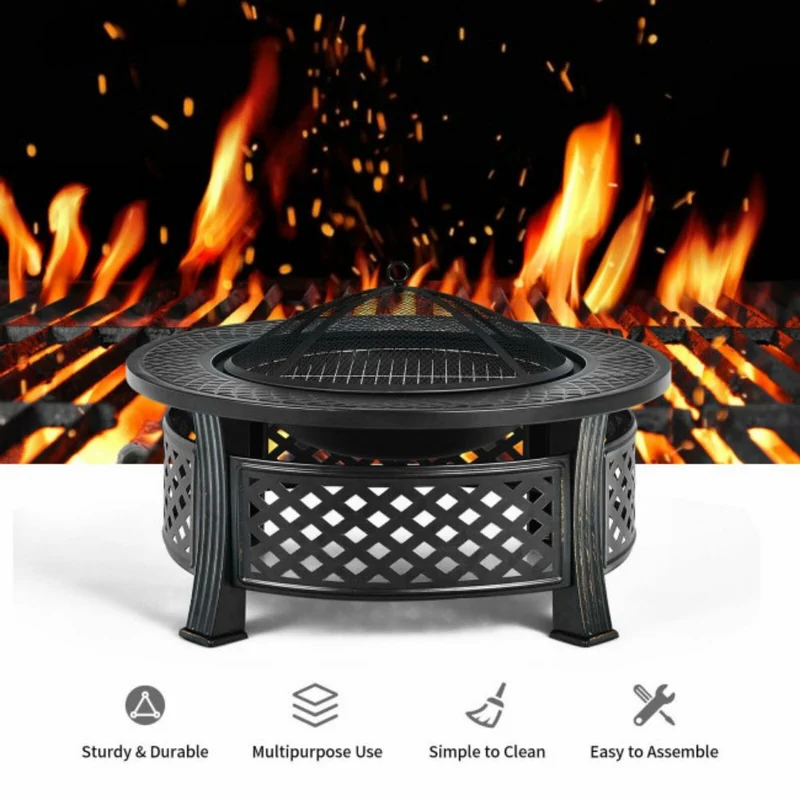 32 in. Outdoor Round Wood Burning Fire Pit with BBQ Grill and High-Temp Resistance