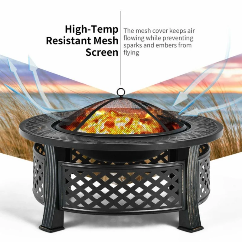 32 in. Outdoor Round Wood Burning Fire Pit with BBQ Grill and High-Temp Resistance