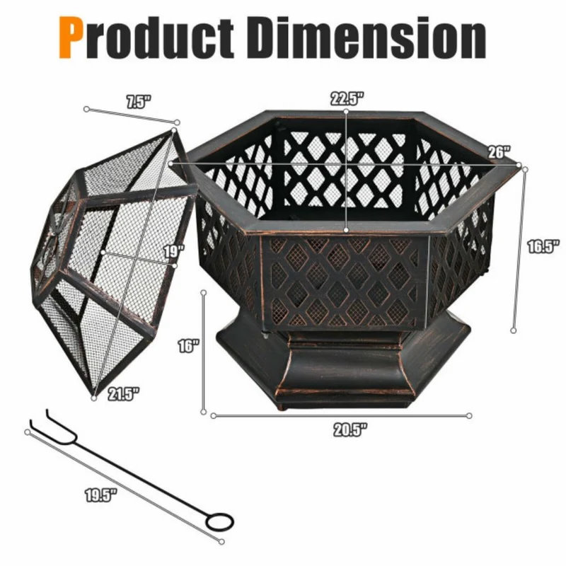 26 in. Outdoor Hex-shaped Portable Wood Burning Firepit Bowl with Screen Cover and Poker