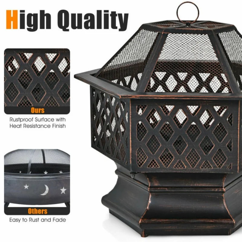 26 in. Outdoor Hex-shaped Portable Wood Burning Firepit Bowl with Screen Cover and Poker