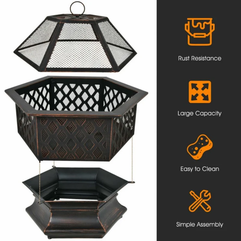 26 in. Outdoor Hex-shaped Portable Wood Burning Firepit Bowl with Screen Cover and Poker