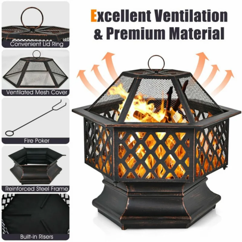 26 in. Outdoor Hex-shaped Portable Wood Burning Firepit Bowl with Screen Cover and Poker