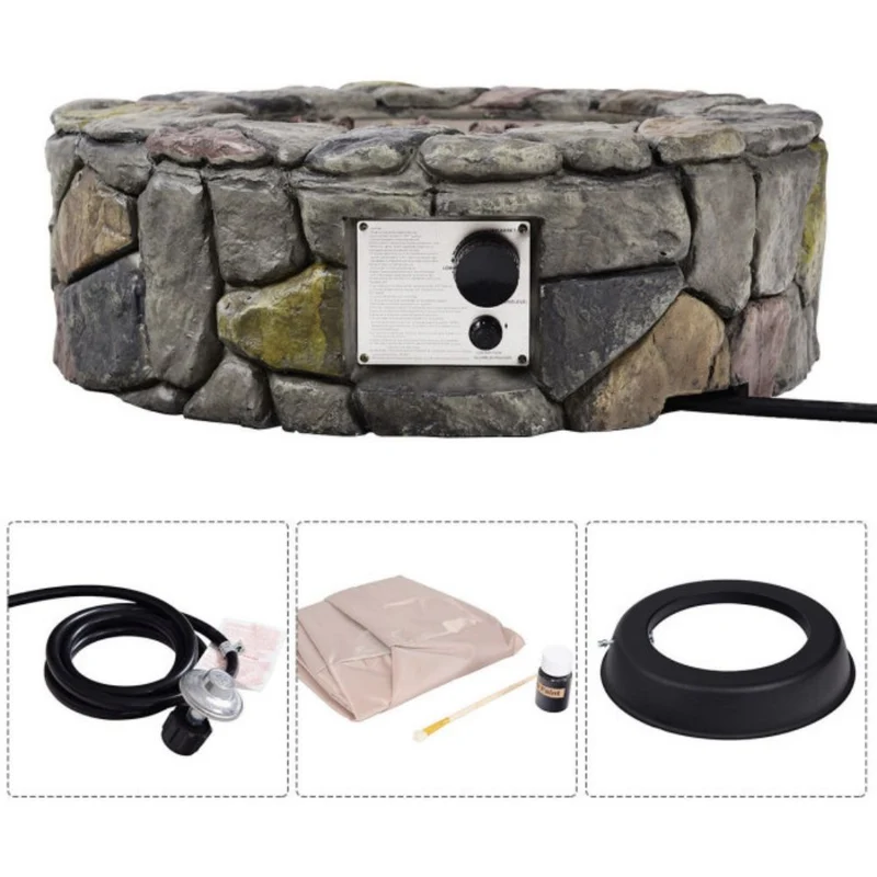 28 in. W X 9.5 in. H Outdoor Round Stone Gas Fire Stove Pit in Gray