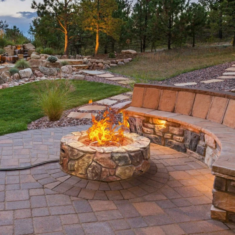 28 in. W X 9.5 in. H Outdoor Round Stone Gas Fire Stove Pit in Brown
