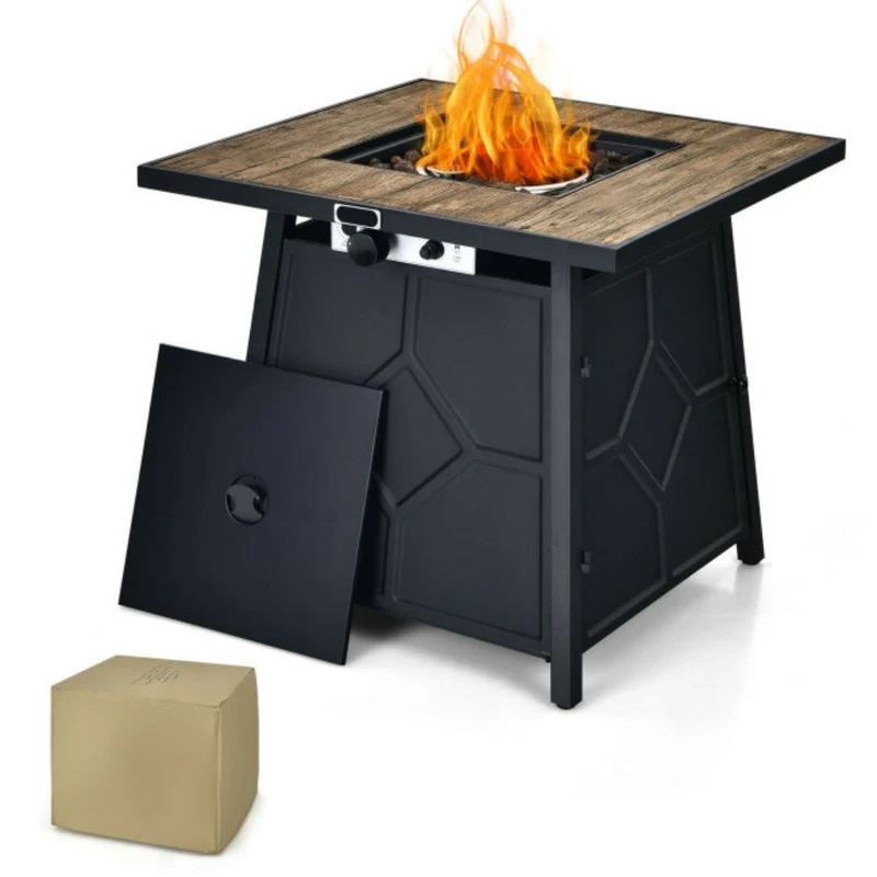 28 in. Outdoor Steel Square Propane Gas Fire Pit Table with Cover