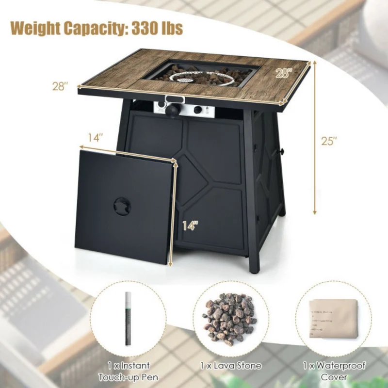 28 in. Outdoor Steel Square Propane Gas Fire Pit Table with Cover