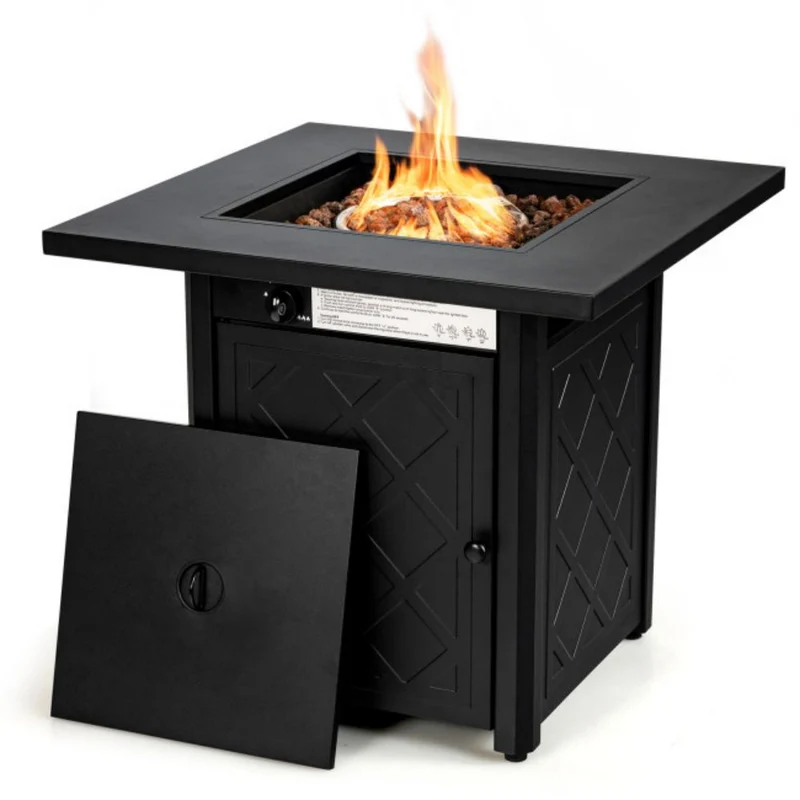28 in. Outdoor Steel Square Propane Gas Fire Pit Table with Lava Rock