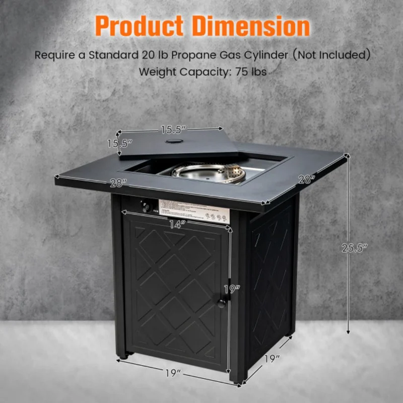 28 in. Outdoor Steel Square Propane Gas Fire Pit Table with Lava Rock