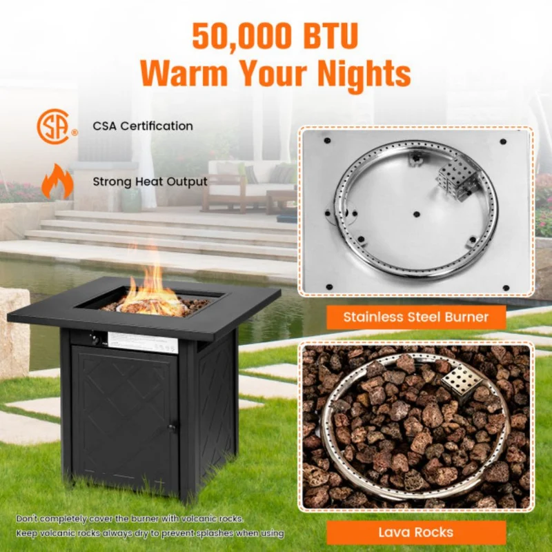 28 in. Outdoor Steel Square Propane Gas Fire Pit Table with Lava Rock