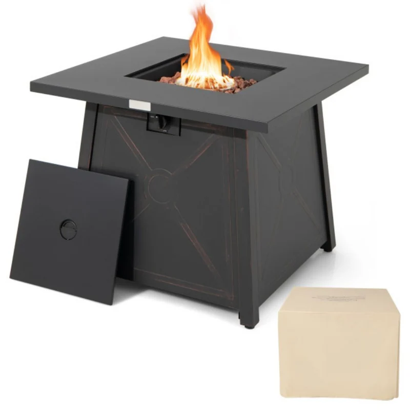 30 in. Outdoor Steel Square Propane Gas Fire Pit Table with Waterproof Cover