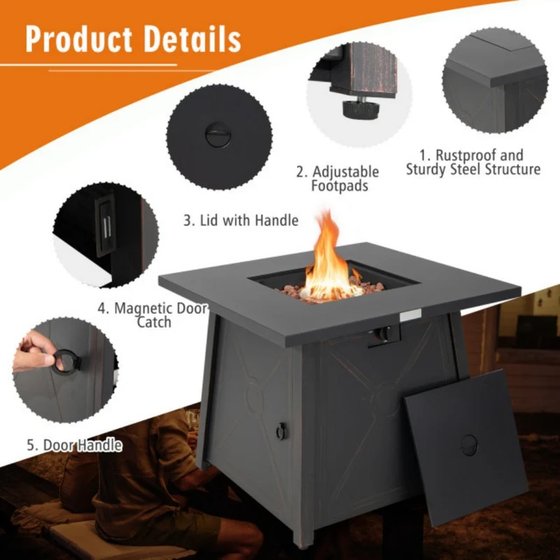 30 in. Outdoor Steel Square Propane Gas Fire Pit Table with Waterproof Cover