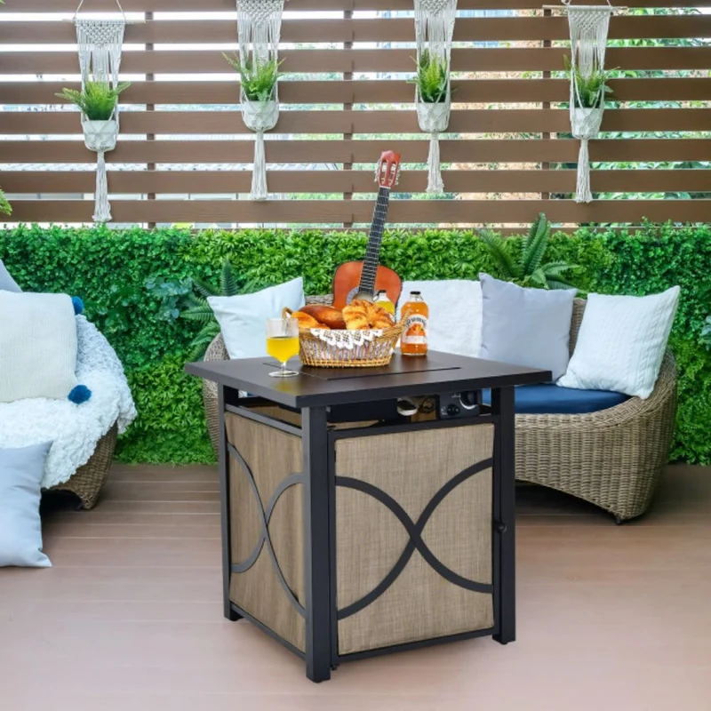 25 in. Outdoor Steel Square Propane Fire Pit Table with Lid and Fire Glass
