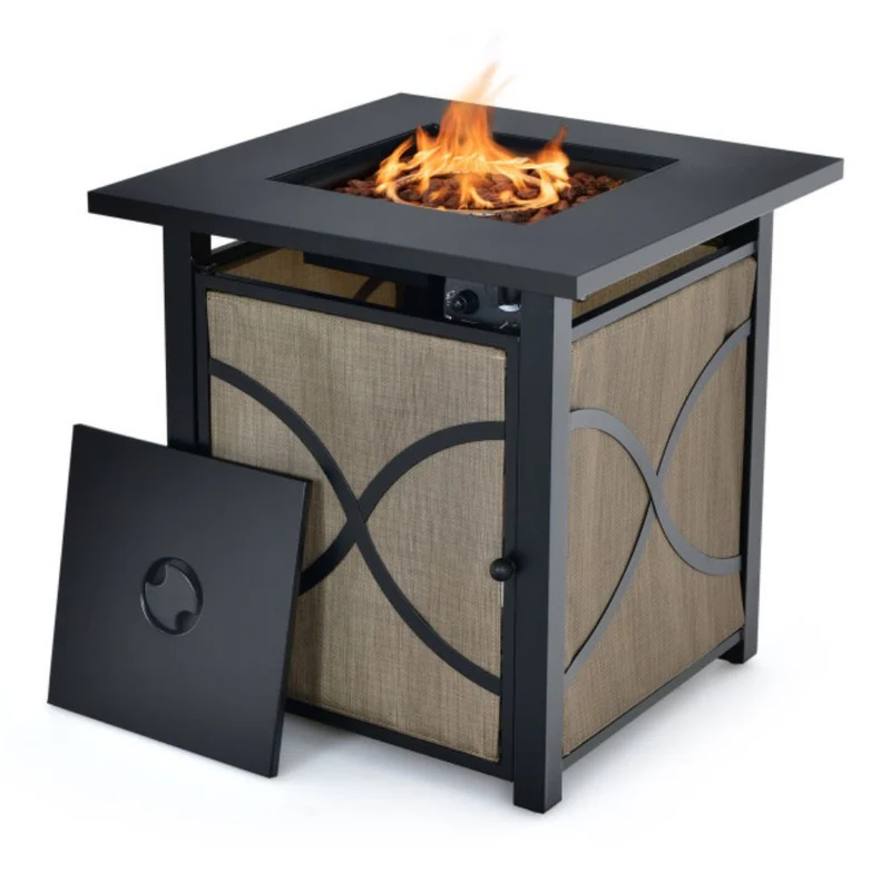 25 in. Outdoor Steel Square Propane Fire Pit Table with Lid and Fire Glass