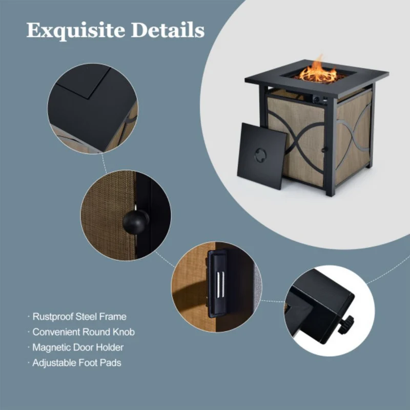 25 in. Outdoor Steel Square Propane Fire Pit Table with Lid and Fire Glass