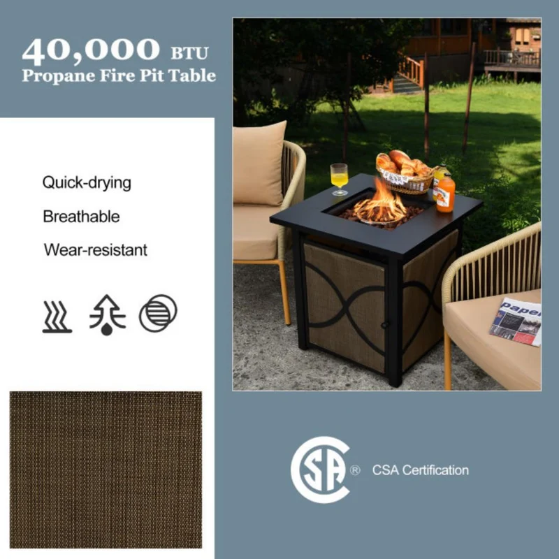 25 in. Outdoor Steel Square Propane Fire Pit Table with Lid and Fire Glass