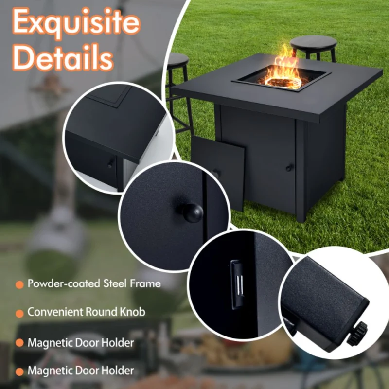 32 in. Outdoor Steel Square Propane Gas Fire Pit Table with Lid and Fire Glass