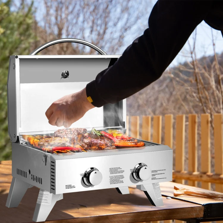 2-Burner Portable Stainless Steel BBQ Table Top Grill for Outdoors