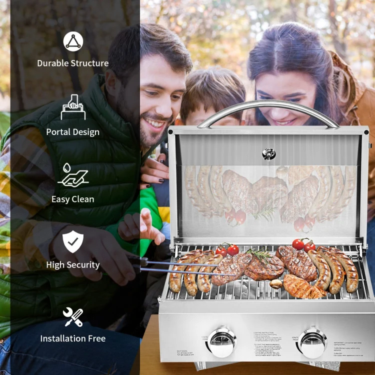 2-Burner Portable Stainless Steel BBQ Table Top Grill for Outdoors