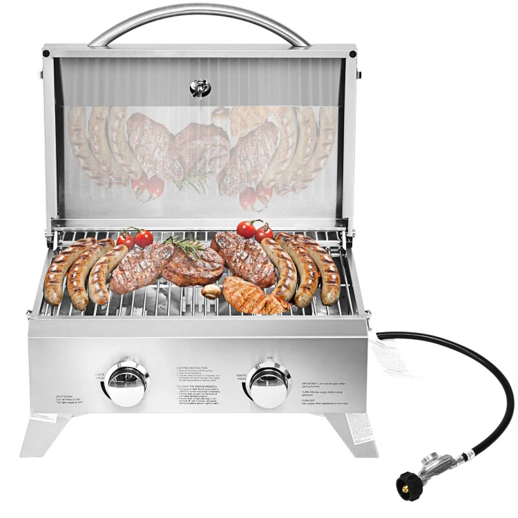 2-Burner Portable Stainless Steel BBQ Table Top Grill for Outdoors