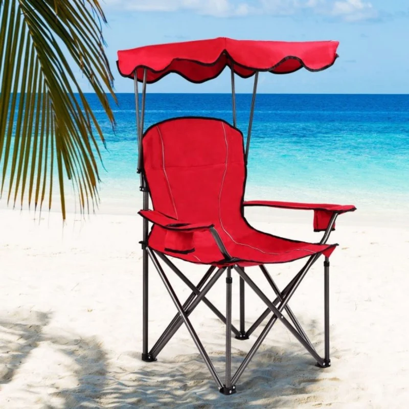 Portable Folding Red Beach Canopy Chair with Cup Holders