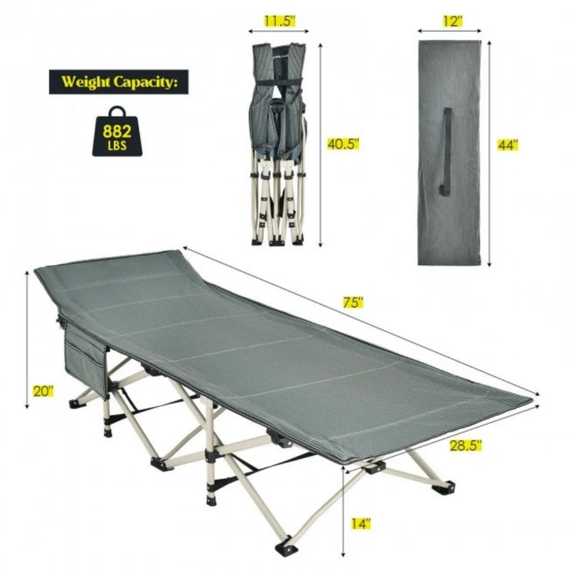 Gray Wide Foldable Camping Cot with Carrying Bag