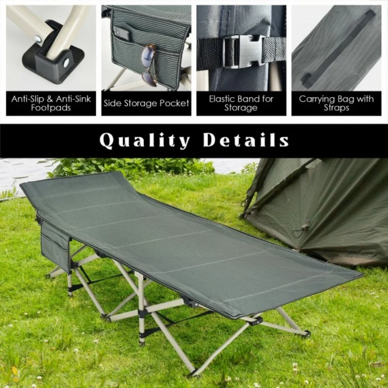 Gray Wide Foldable Camping Cot with Carrying Bag