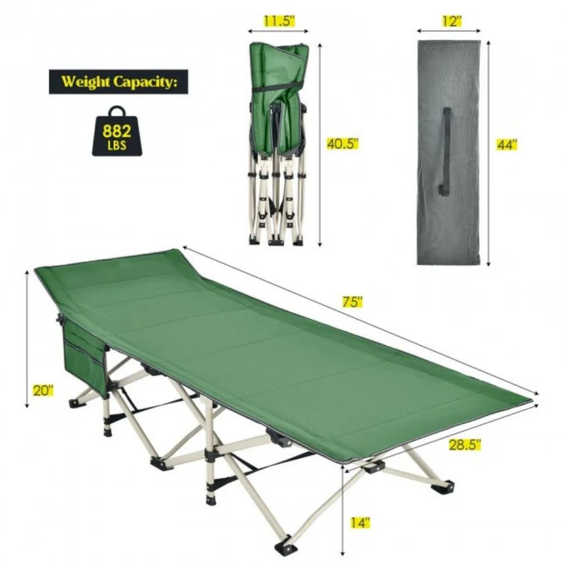 Green Wide Foldable Camping Cot with Carrying Bag