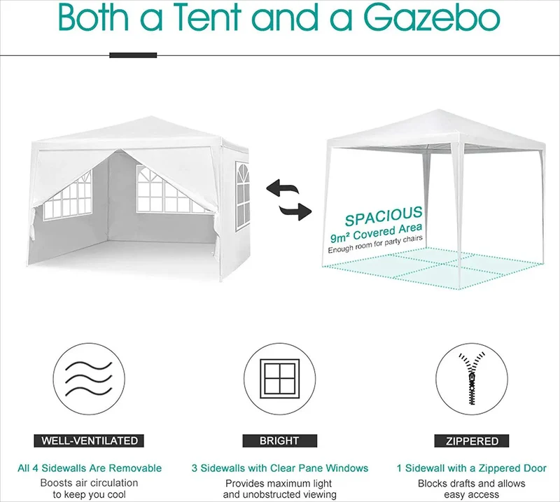 10 ft. x 10 ft. White Patio Tent Party Tent with 4 Removable Side Walls