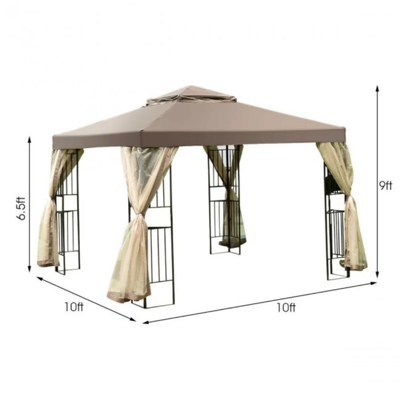 10 ft. x 10 ft. Brown 2 Tier Outdoor Patio Vented Metal Screw-Free Structure Canopy Tent with Mosquito Netting