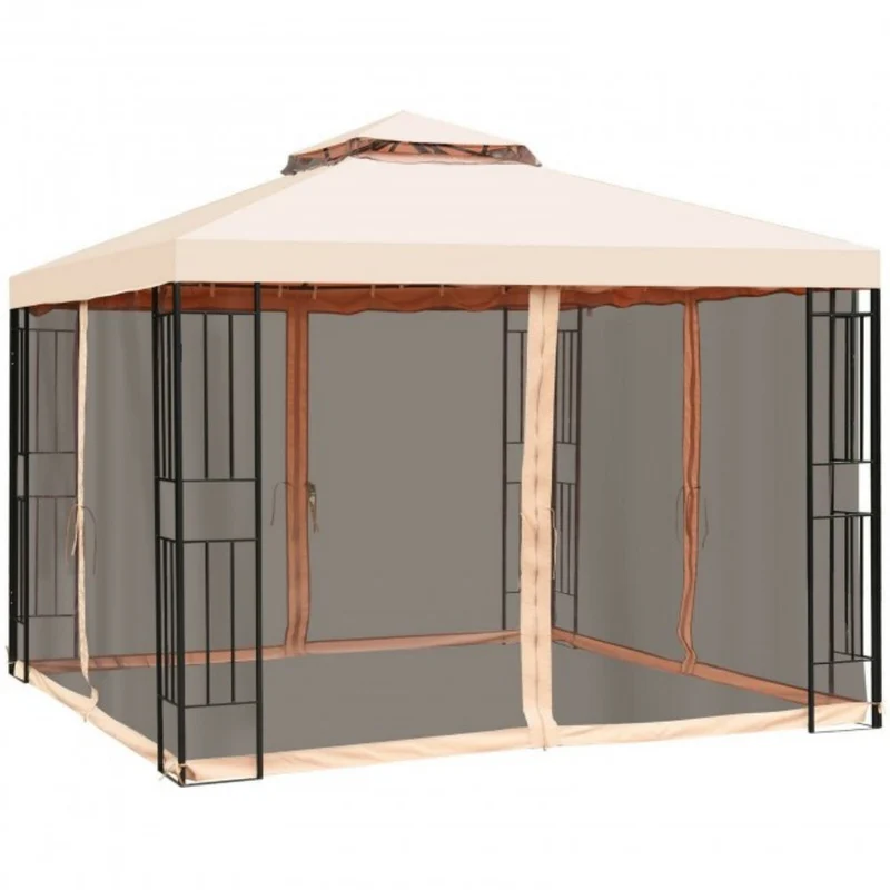 10 ft. x 10 ft. Beige 2 Tier Outdoor Patio Pop-Up Vented Metal Canopy Tent with Mosquito Netting