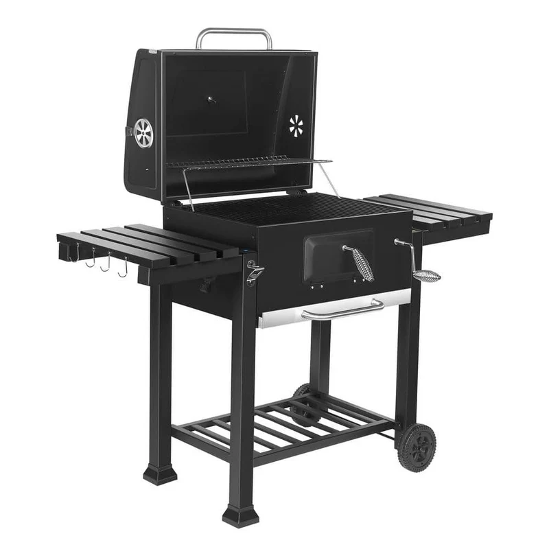 Heavy-Duty Extra-Large Portable Charcoal Grill in Black with Foldable Side Shelves and Cover