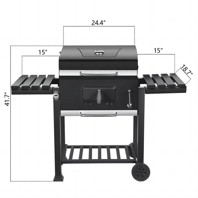 Heavy-Duty Extra-Large Portable Charcoal Grill in Black with Foldable Side Shelves and Cover
