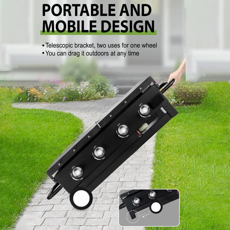 4-Burner Outdoor Foldable Propane Gas Grill in Black with Wheels
