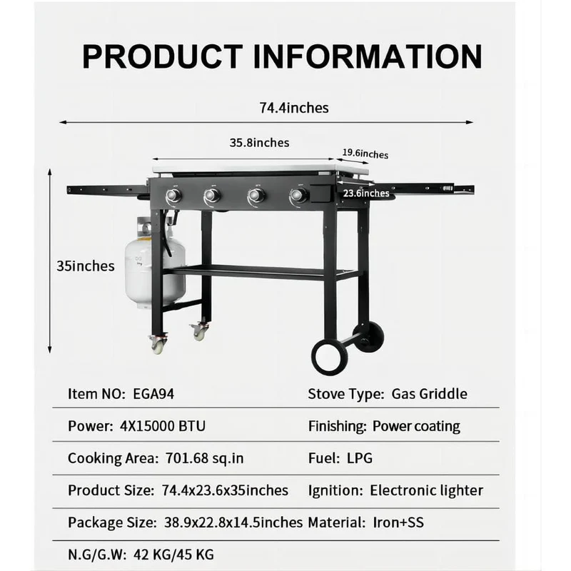 4-Burner Outdoor Foldable Propane Gas Grill in Black with Wheels