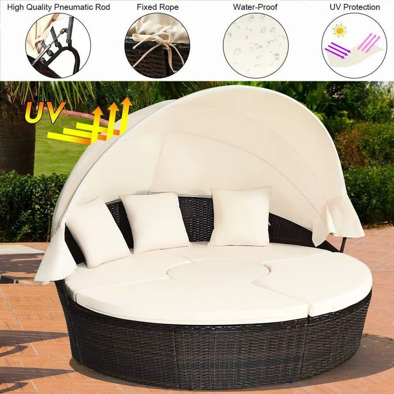 Brown Wicker Outdoor Patio Day Bed with White Cushions and Canopy